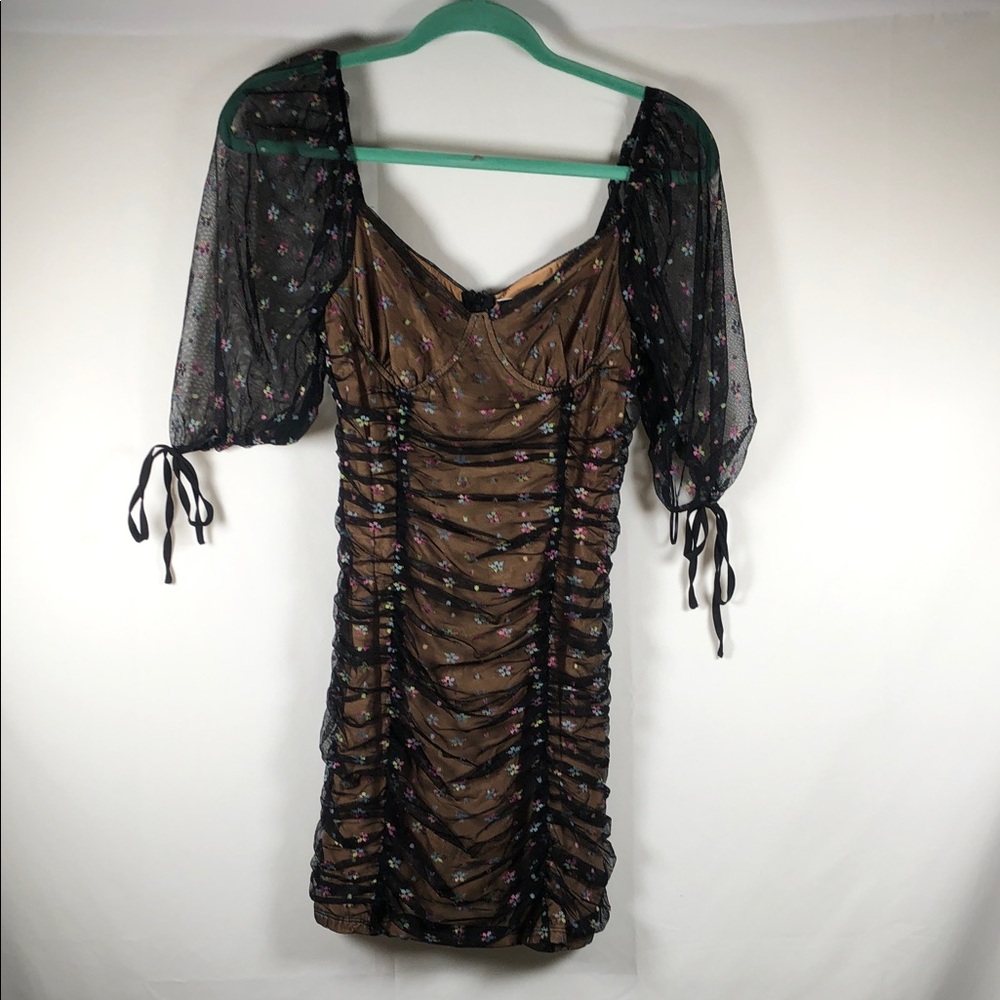 Coquette Fairy Micro Floral Ruched Sheer Puff Sleeve Dress in Brown